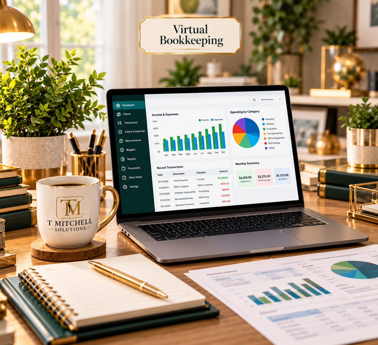 A tidy desk with a laptop showing the T. Mitchell Solutions bookkeeping dashboard — income and expenses, spending by category, recent transactions and a monthly summary — beside a gold-trimmed mug, an open notebook with a gold pen, printed reports, books and plants