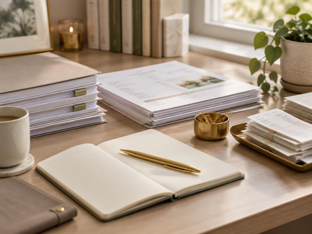 A warm desk with neatly organized paperwork, printed reports and receipts, an open cream notebook with a gold pen, and a small brass dish of paperclips