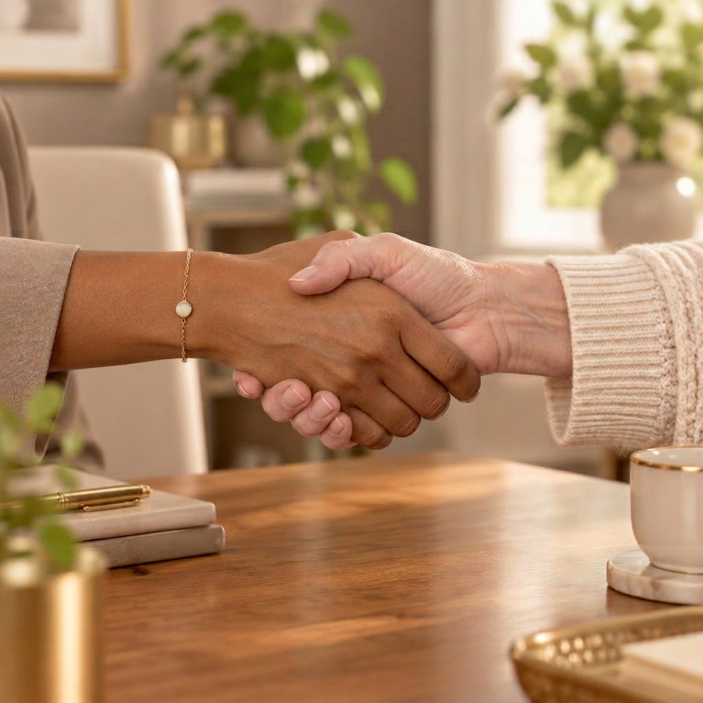 A light-skinned Black woman's hand with a delicate gold bracelet shaking hands with an older white woman in a cream knit cardigan, over a warm wooden desk
