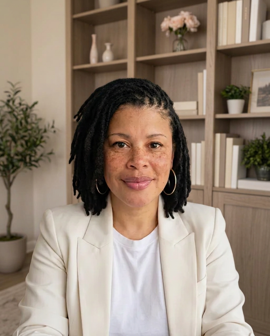 Tiffany Mitchell, owner of T. Mitchell Solutions, smiling in a softly lit office with a bookshelf and plants behind her